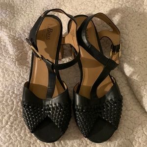 G.H.Bass&Co.Zaney Black leather ankle strap chunky cork heel sandal shoes size 8